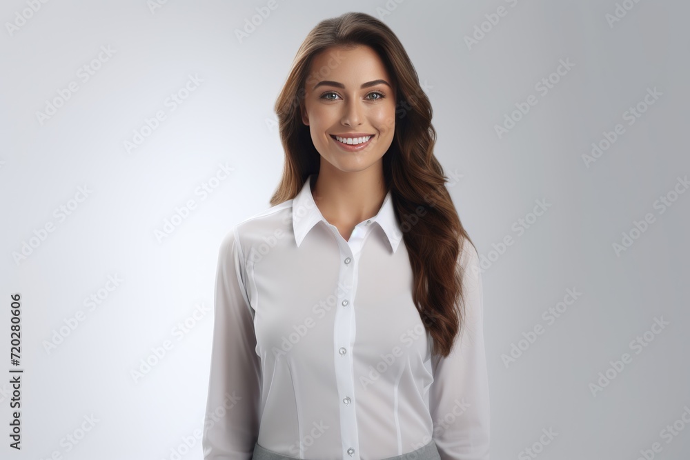 hyper-realistic a friendly operator woman in a sharp white shirt, standing confidently against a white background. Generative AI. hyper-realistic a friendly operator woman in a sharp white shirt, standing confidently against a white background. Generative AI.