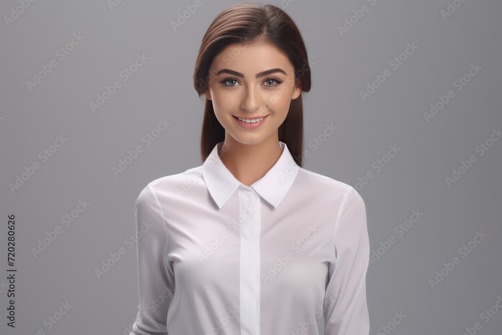 hyper-realistic a friendly operator woman in a sharp white shirt, standing confidently against a white background. Generative AI. hyper-realistic a friendly operator woman in a sharp white shirt, standing confidently against a white background. Generative AI.