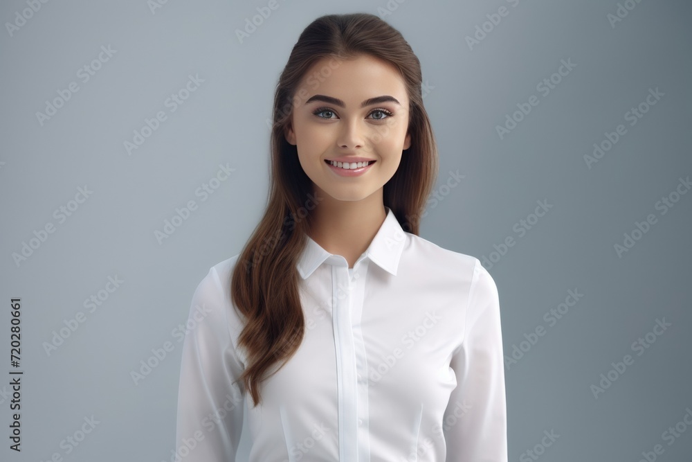 hyper-realistic a friendly operator woman in a sharp white shirt, standing confidently against a white background. Generative AI. hyper-realistic a friendly operator woman in a sharp white shirt, standing confidently against a white background. Generative AI.