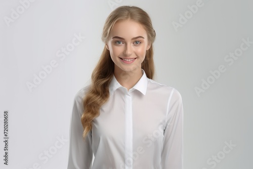 hyper-realistic a friendly operator woman in a sharp white shirt, standing confidently against a white background. Generative AI.