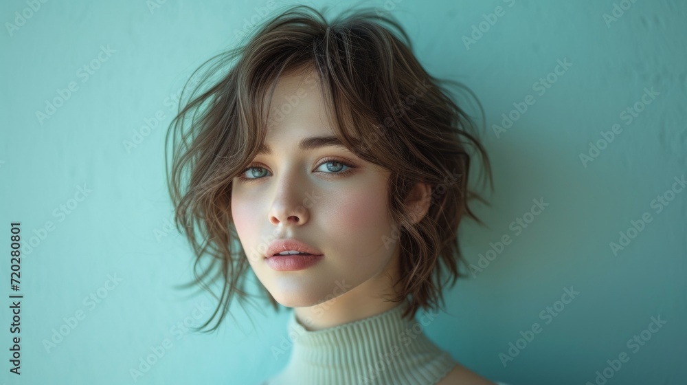 Pensive Woman with Layered Bob on Light Aqua Background Generative AI Pensive Woman with Layered Bob on Light Aqua Background Generative AI