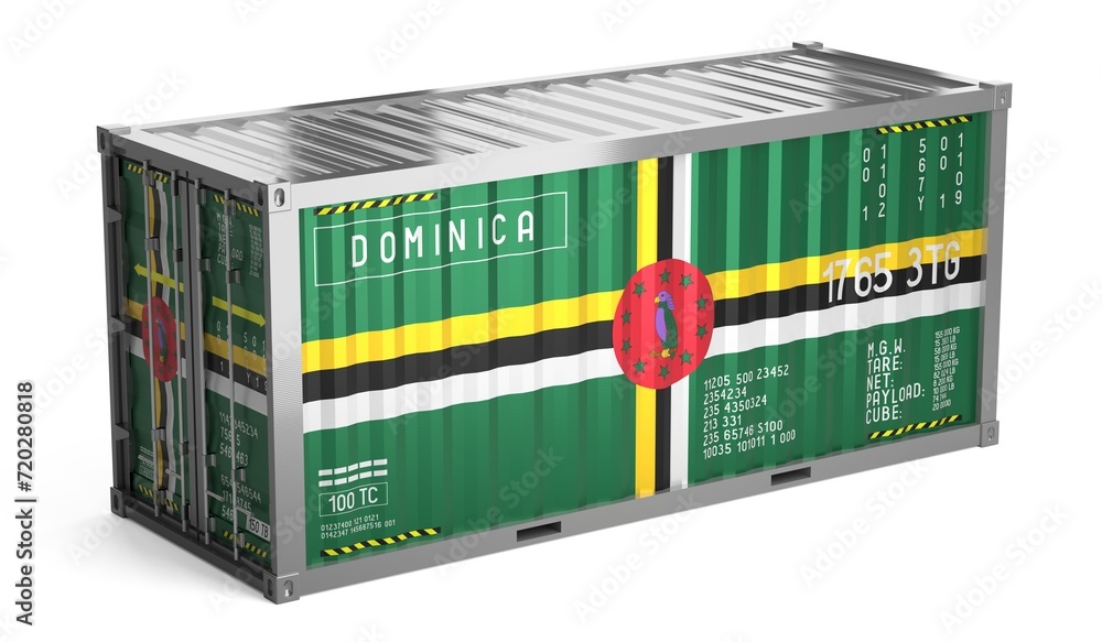 Obraz premium Freight shipping container with national flag of Dominica on white background - 3D illustration
