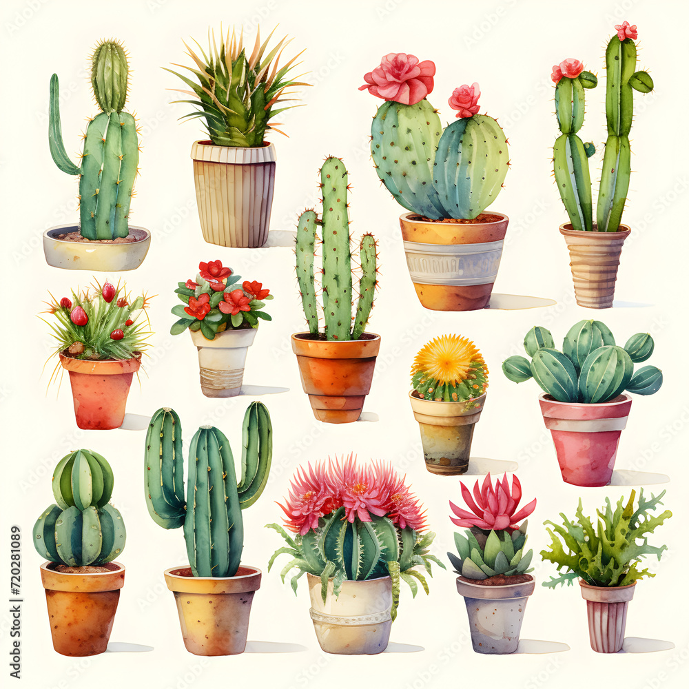 A variety of cactus illustrations on a white background A variety of cactus illustrations on a white background