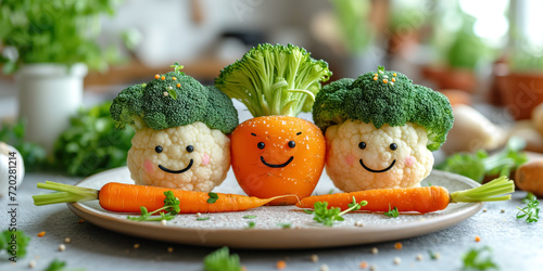 Funny broccoli, cauliflower and carrot with smiling faces on the plate on the kitchen. Concept of healthy food, vegetables.