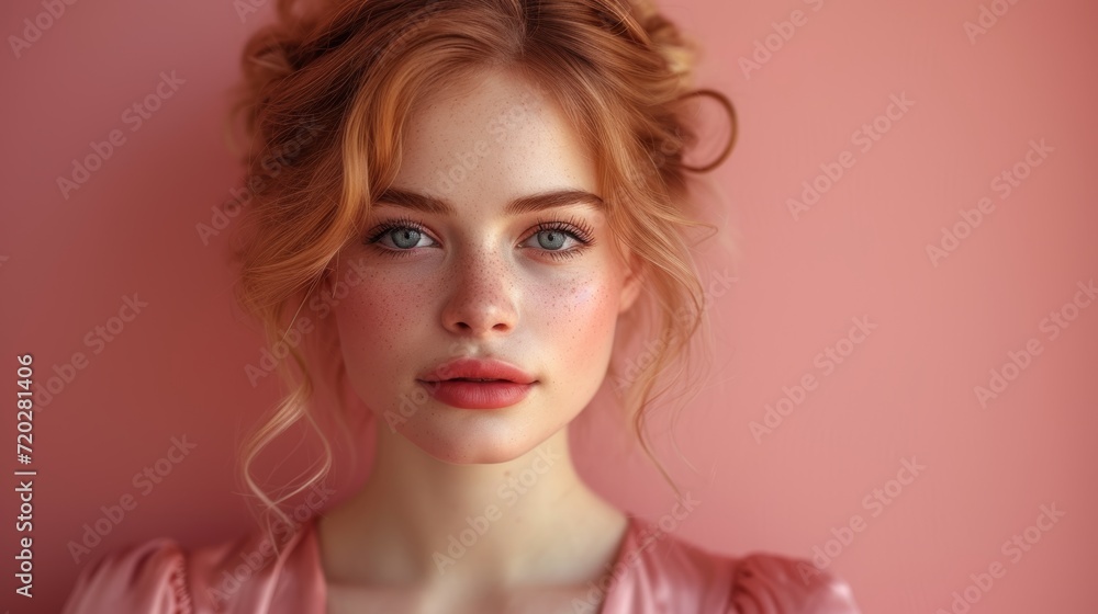 Woman in Silk Blouse and Loose Chignon on Dusty Rose Background Generative AI