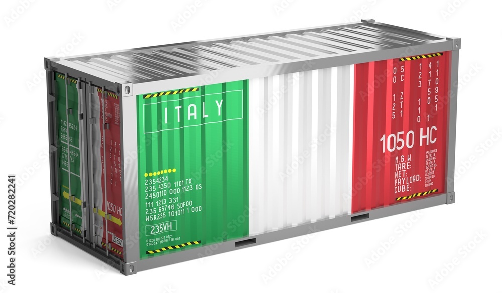Freight shipping container with national flag of Italy on white background - 3D illustration Freight shipping container with national flag of Italy on white background - 3D illustration