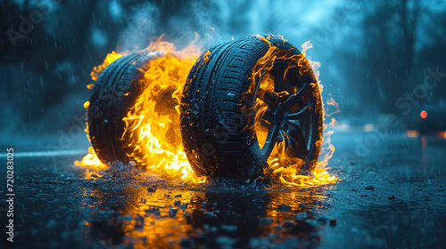 Captured The Burning Car Motion Modern Auto Tires On Fire At High Speed