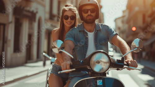 Beautiful young couple in sun glasses and helmets is smiling while riding a scooter photo