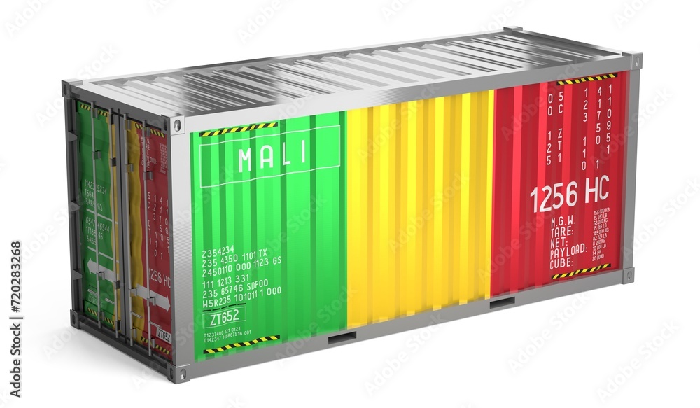 Freight shipping container with national flag of Mali on white background - 3D illustration Freight shipping container with national flag of Mali on white background - 3D illustration