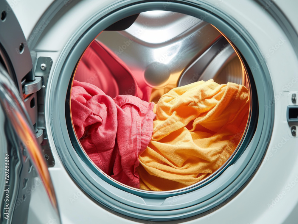 Detail of colourful clothes inside a washing machine. Detail of colourful clothes inside a washing machine.