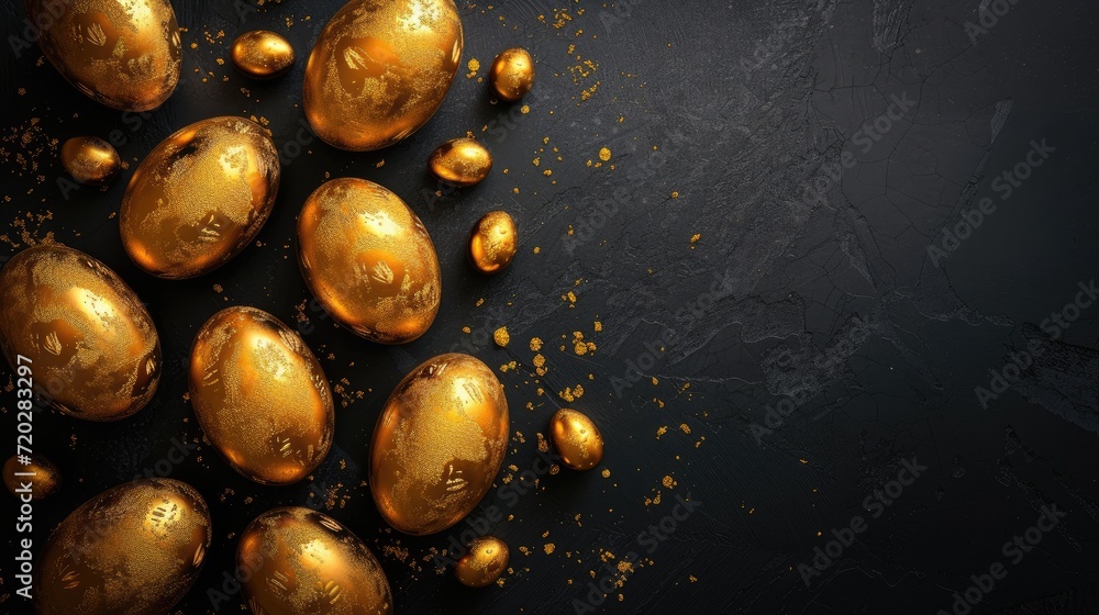 Naklejka premium Golden eggs on a dark background. The minimal concept. An Easter card with a copy of the place for the text.