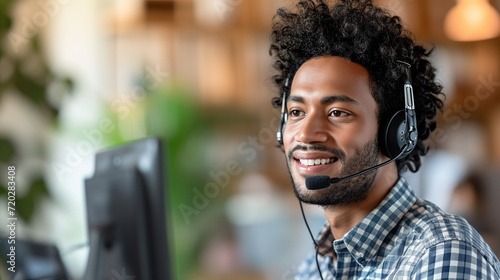 Close up face african man telesales worker working wear headset contacting customers to inform them about service, answer questions about products. Call center operator agent, clients support concept