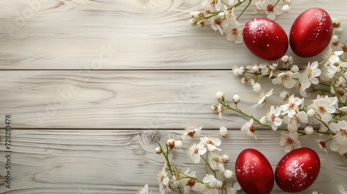 Red handmade Easter eggs. White wooden background with copy space for text