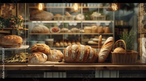 Modern bakery with assortment of bread, cakes and buns  photo