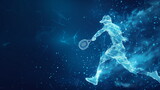 Abstract tennis player in motion with cybernetic particles. Blue triangle thin line mesh spheres. Futuristic technology style. 