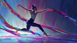 Creative image of gymnastic girl. Art rhythmic gymnastics in trendy abstract colorful polygon style and rainbow back