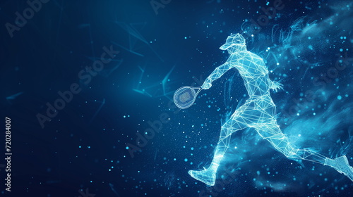 Abstract tennis player in motion with cybernetic particles. Blue triangle thin line mesh spheres. Futuristic technology style.  photo
