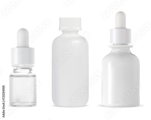 Dropper bottle mockup. Cosmetic serum dropper glass container. Essential oil flask mockup. Set of pipette drop bottle for collagen essence, medical product vial template, isolated vector