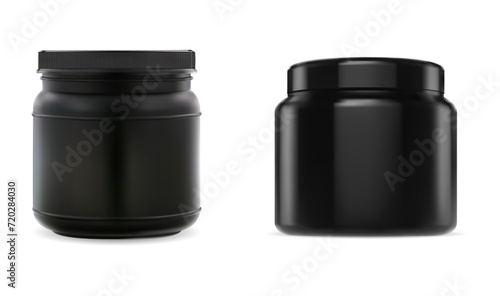 Sport supplement jar. Cylinder creatine tub template. Shiny black plastic protein jar design. Bodybuilding muscle sport vitamin packaging with lid. Isolated casein powder nutrition package blank