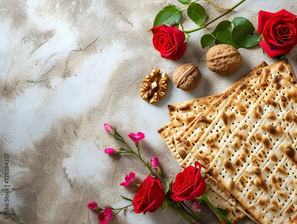 Passover celebration concept. Matzah, red kosher walnut and spring