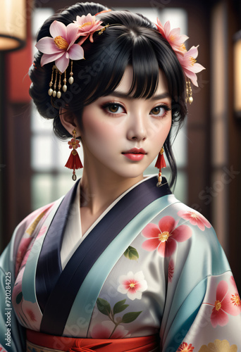 Close-up of a young woman wearing a kimono