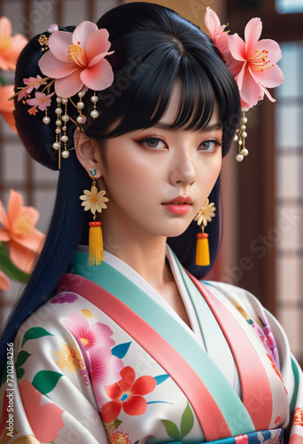 Close-up of a young woman wearing a kimono