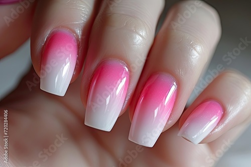 Pink and white ombre nail polish. Coffin nails. photo