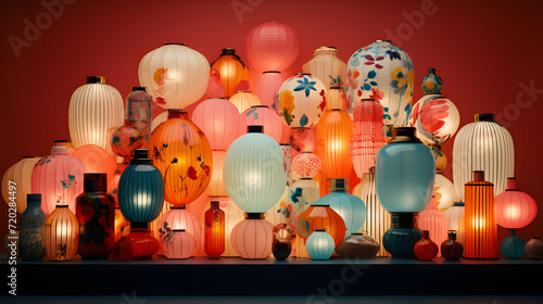 A modern 3D render featuring an abstract arrangement of lanterns photo