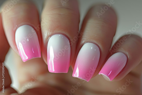 Baby pink and white ombre nail polish. Square nails.