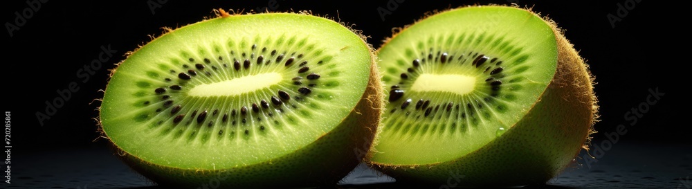 A kiwi fruit, sliced in half, rests on a table, showcasing its vibrant green flesh and distinctive black seeds. A kiwi fruit, sliced in half, rests on a table, showcasing its vibrant green flesh and distinctive black seeds.