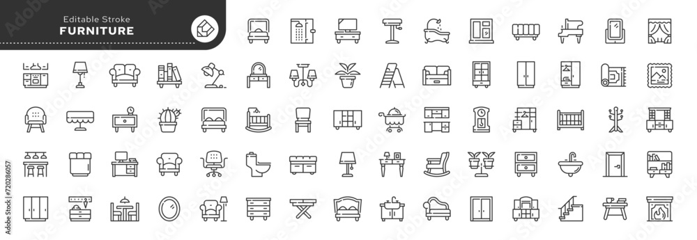 Set of line icons in linear style. Set - Furniture, home and interior. Products for furnishing residential and public premises. Outline icon collection. Pictogram and infographic. Editable stroke.	 - obrazy, fototapety, plakaty 