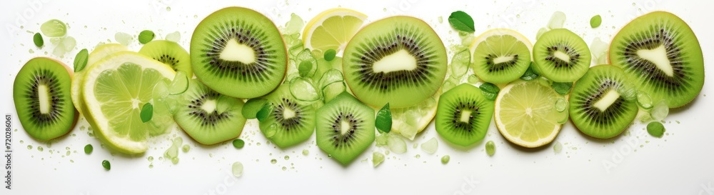 Fototapeta premium A close-up photo showcasing a group of kiwi slices cut in half on a white plate.