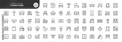 Set of line icons in linear style. Set - Furniture, home and interior. Products for furnishing residential and public premises. Outline icon collection. Pictogram and infographic. Editable stroke.	 photo
