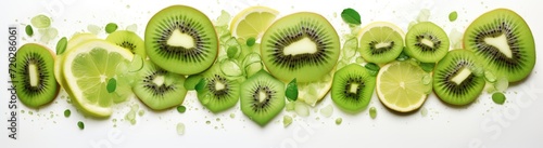 A close-up photo showcasing a group of kiwi slices cut in half on a white plate. photo