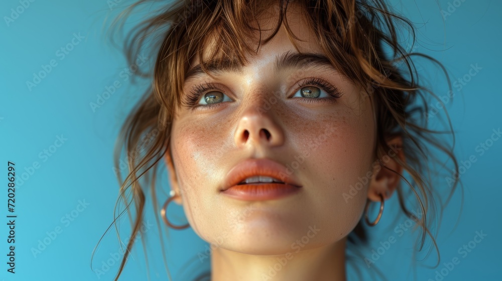 Young Woman with Pixie Cut and Intense Gaze on Sky Blue Background Generative AI Young Woman with Pixie Cut and Intense Gaze on Sky Blue Background Generative AI
