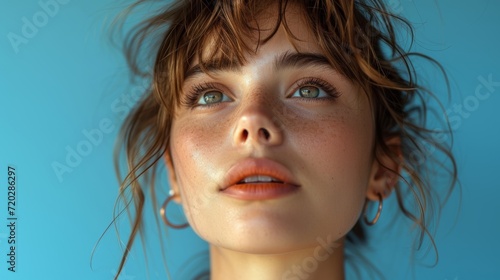 Young Woman with Pixie Cut and Intense Gaze on Sky Blue Background Generative AI