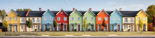 A row of bright and colorful houses line the bustling street, creating a lively and vibrant atmosphere.