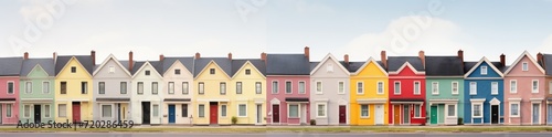 A row of brightly colored houses sitting tightly together, creating a lively and vibrant neighborhood scene.