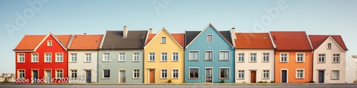 A vibrant row of houses in various hues standing side by side, creating a lively and eye-catching display. © pham