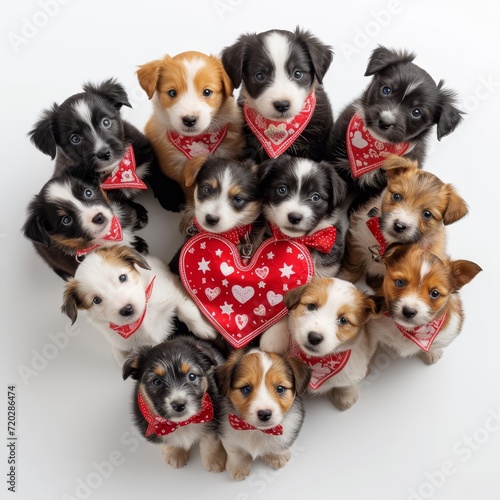 Group of Puppies With Heart-Adorned Collars © LUPACO IMAGES