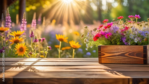 Wooden table with spring background of flower
