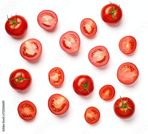 A variety of ripe tomatoes, including cherry, beefsteak, and heirloom, neatly arranged on a clean white surface.