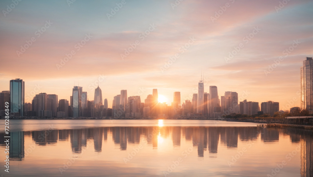 An urban panorama at sunrise, featuring distorted reflections of sunlight on skyscrapers and early morning city lights, presented in warm pastel tones for a serene and awakening cityscape.