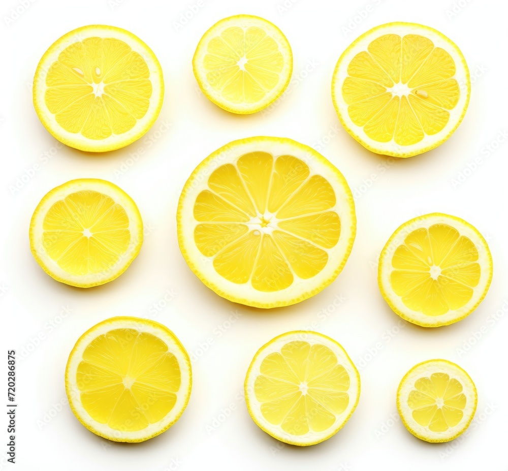 A photo showcasing a group of lemons cut in half, displayed on a white background.