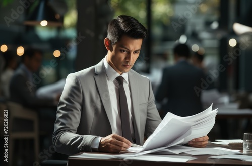 Asian man using a laptop while holding papers for work or study, corporate paper reports picture