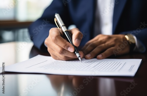 Hand holding pen writes on document creating a handwritten note or signature on paper  corporate paper reports image