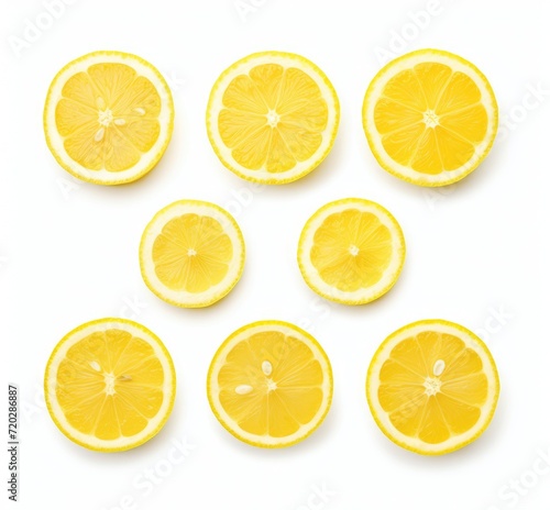 A group of lemons, each cut in half, arranged neatly on a plain white background.