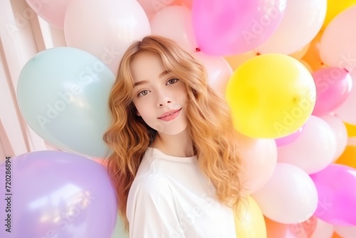 beautiful young woman with colorful balloons, valentines day concept. Party or Birthday concept with Copy Space.