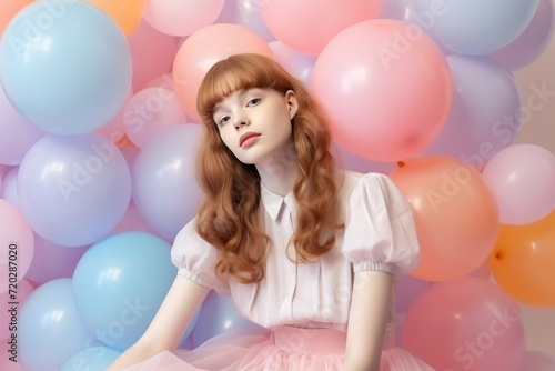 Beautiful redhead girl with balloons on a pink background. Party or Birthday concept with Copy Space.