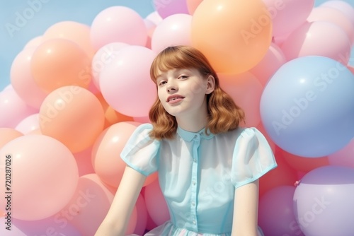 Beautiful redhead girl with colorful balloons on blue sky background. Party or Birthday concept with Copy Space. © John Martin